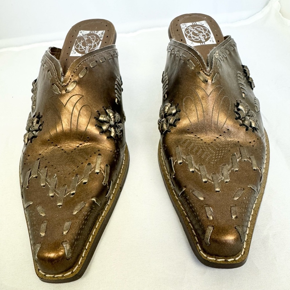 Hokus Pokus Witchy Western Boho Gypsy Bronze Big Stitch Mule PointyToe Sz 6.5
